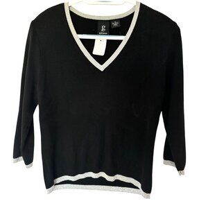 G Knitwear Black V Neck Sweater Silver Trim Womens Sz Small